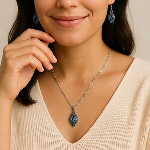 Elegant Blue and Silver Pendant Necklace and Earring Set